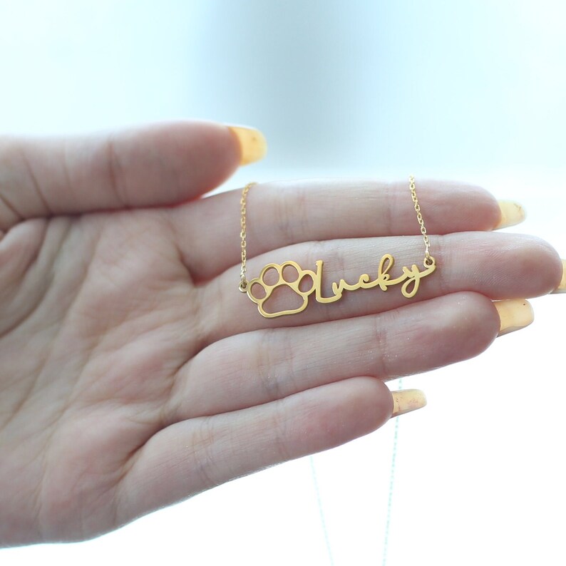 May include: Gold necklace with a paw print charm and the name "Lucky" written in cursive.