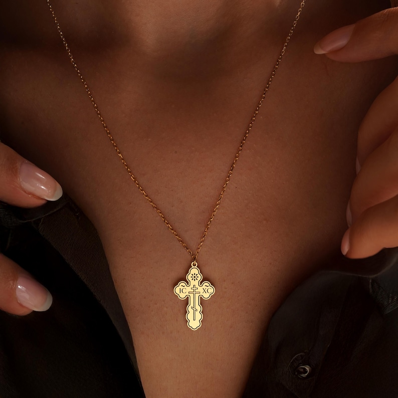 Crucifix Necklace, Cross Necklace, Greek Orthodox Cross, Tiny Greek Gift, Orthodox Charm, Eastern Orthodox, Gold Cross Necklace image 2