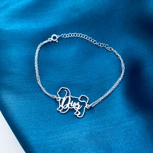 May include: A silver chain bracelet with a silver charm in the shape of a dog. The charm has the word "Dior" written on it.