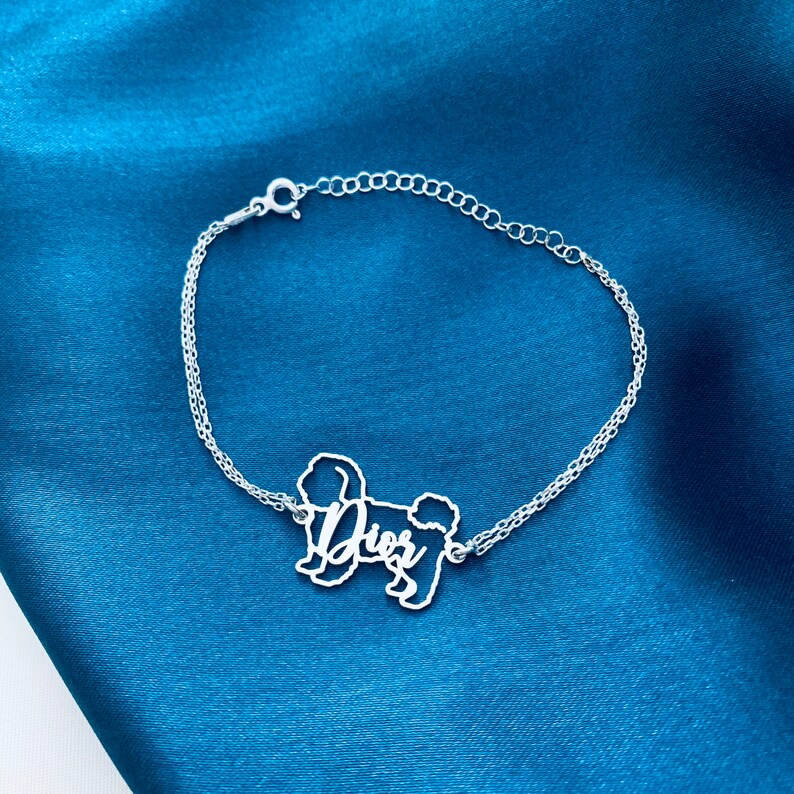 May include: A silver chain bracelet with a silver charm in the shape of a dog. The charm has the word "Dior" written on it.