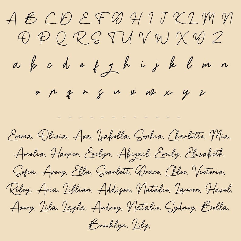 K&ouml;nnte beinhalten: Ein Schwarzwei&szlig;bild eines handgeschriebenen Alphabets in Gro&szlig;- und Kleinbuchstaben. Unter dem Alphabet befindet sich eine Liste beliebter M&auml;dchennamen in schwarzer Tinte.