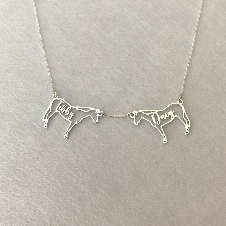 May include: A silver necklace with two horse-shaped pendants linked by a fine chain. The pendants are inscribed with the names "Libby" and "Lucy". The necklace is presented on a pale grey background.