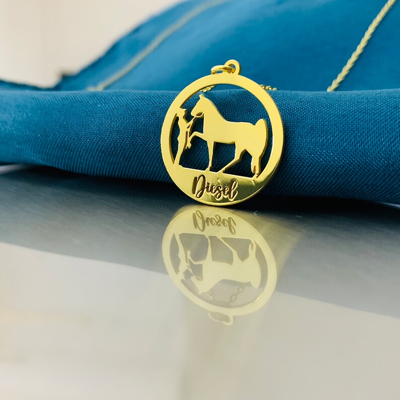May include: Gold-toned necklace with a round pendant featuring a silhouette of a horse and rider. The pendant has the name "Diesel" inscribed on it.