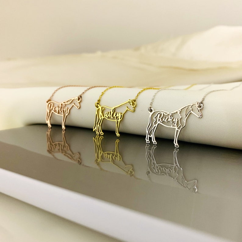 Peut inclure: Trois colliers de cheval en or avec les noms "Preston", "Kailey" et "Ricky" d&eacute;coup&eacute;s dans le m&eacute;tal. Les colliers sont sur une surface blanche.