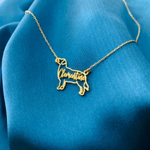 May include: Gold necklace with a dog silhouette pendant. The dog's name, "Clementine", is cut out of the pendant.