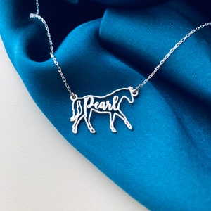 Peut inclure: Un collier en argent en forme de cheval avec le nom "Pearl" d&eacute;coup&eacute; dans le corps du cheval. Le collier est sur un fond de tissu bleu.