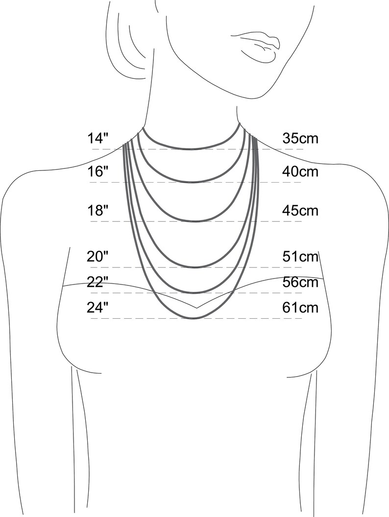 Peut inclure: Diagramme montrant les longueurs de collier en pouces et en centim&egrave;tres. Les longueurs sont de 14 pouces (35 cm), 16 pouces (40 cm), 18 pouces (45 cm), 20 pouces (51 cm), 22 pouces (56 cm) et 24 pouces (61 cm).