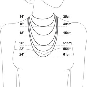 May include: Diagram showing necklace lengths in inches and centimeters. The lengths are 14 inches (35 cm), 16 inches (40 cm), 18 inches (45 cm), 20 inches (51 cm), 22 inches (56 cm), and 24 inches (61 cm).