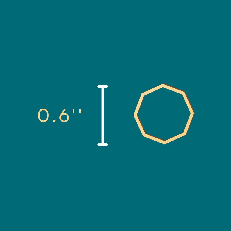 Peut inclure: Une forme octogonale dor&eacute;e, d'environ 1,5 cm de diam&egrave;tre, est affich&eacute;e sur un fond turquoise. Une ligne verticale blanche avec un indicateur de mesure est positionn&eacute;e &agrave; gauche de la forme.