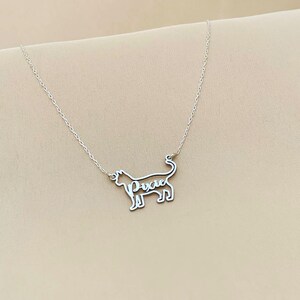 May include: Silver necklace featuring a cat silhouette pendant. The cat's name, "Pixie", is inscribed within the silhouette.