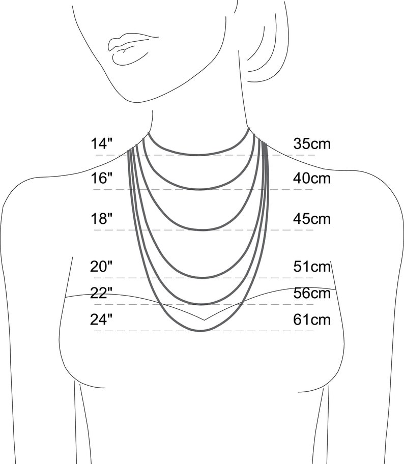 May include: A diagram showing different necklace lengths in inches and centimeters. The lengths are 14 inches (35 cm), 16 inches (40 cm), 18 inches (45 cm), 20 inches (51 cm), 22 inches (56 cm), and 24 inches (61 cm).