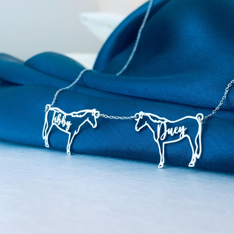 May include: A silver necklace with two horse-shaped pendants linked by a fine chain. The pendants are inscribed with the names "Libby" and "Duey". The necklace is presented on a dark blue fabric.