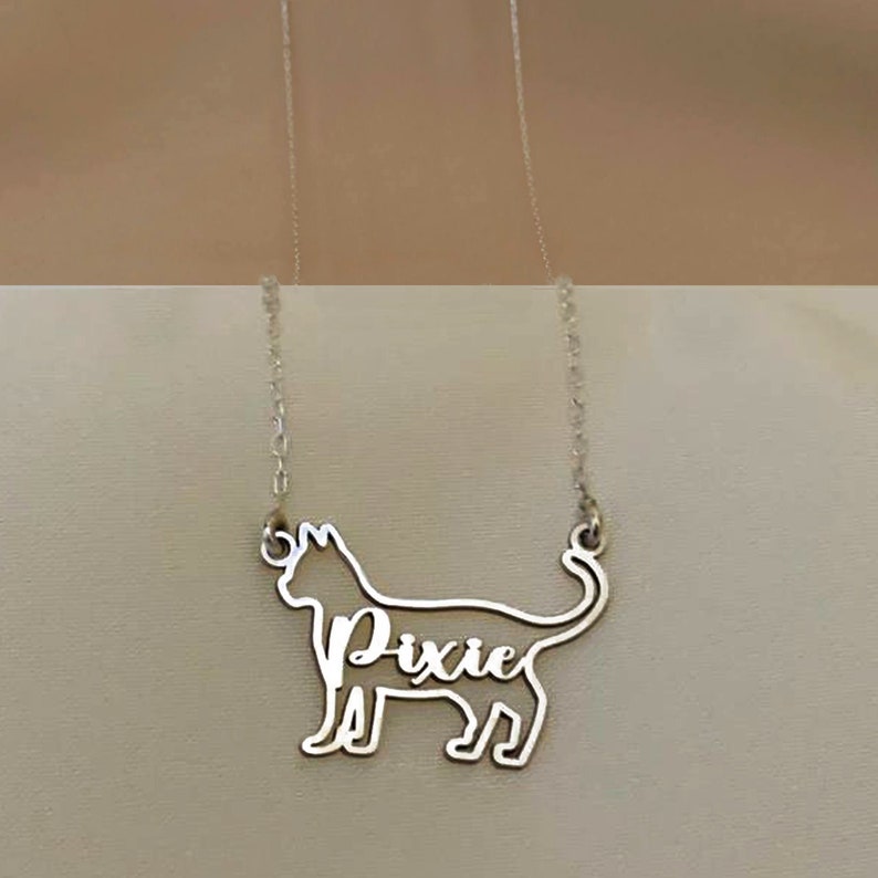 May include: A silver necklace featuring a cat silhouette pendant. The cat's name, "Pixie", is inscribed within the silhouette.