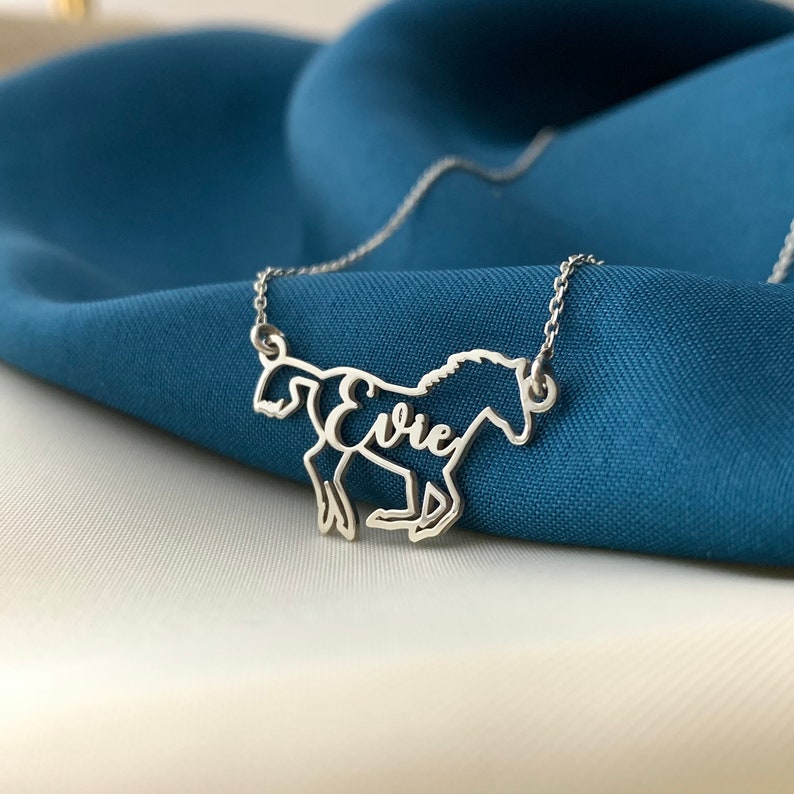 K&ouml;nnte beinhalten: Silberne Pferdenkette mit dem Namen "Evie", der aus dem K&ouml;rper des Pferdes ausgeschnitten ist. Die Kette liegt auf einem blauen Stoffhintergrund.