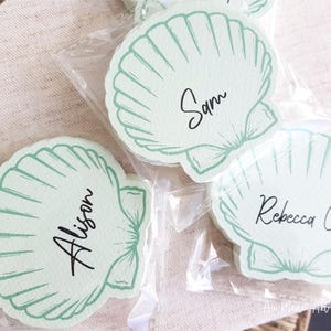 Shell guest place cards by Oxee, watercolor custom place cards