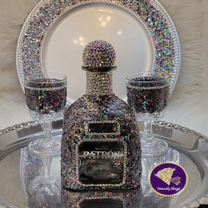 Showtyme--Blinged Out, Glittered, and Rhinestone Iridescent Onyx 750ml Bottle and Glass Set With Matching Glittered and Blinged Tray