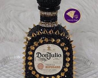 Blinged Black and Gold 750ml Tequila Bottle with Spikes: Glam Bar Decor "Honcho"
