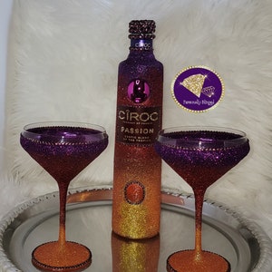 Dorothy--Blinged OMBRE 750ml Ciroc PASSION Vodka Bottle with 2 Martini Glasses Decanter Set