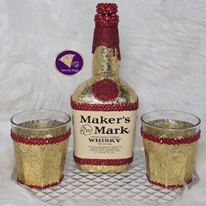 The MarksMan3--Blinged Out, Gold Leaf 1L Maker&#39;s Mark Bottle and Whiskey Glass Set