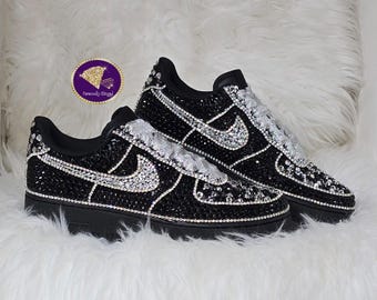 Custom Total Bling Black Air Force Ones AF1s Wedding Shoes Sneaker Ball Birthday Shoes "LarryGee"