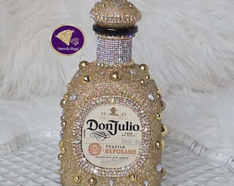 Sparkles--Beautiful Custom 750ml Glam Gold Tequila Bottle with Diamonds and Pearls