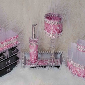 Tickled Pink--Blinged Unique Luxury 6-Piece Makeup Organizer and Beauty Station Vanity Set Space Saver Bathroom Bedroom Accessories