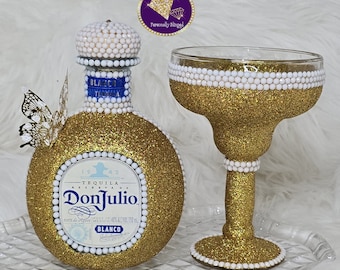 Denise--Beautifully Upgraded Gold and White Blinged Tequila Bottle with Matching Margarita Glass