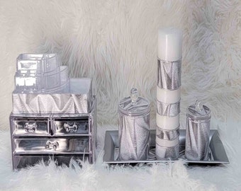 Blinged Black, White & Silver 6-Piece Vanity Set: Luxury Makeup Organizer "Grace"