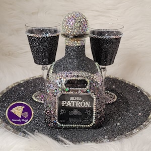 Royalty--Blinged Out, Glittered, and Rhinestone Iridescent Onyx 750ml Bottle and Glass Set w/ Matching Glittered and Blinged Tray