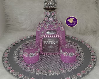 Pink Passion--Blinged Out, Glittered, and Rhinestone Iridescent Pink and Silver 750ml Bottle and Shot Glass Set With Matching Tray