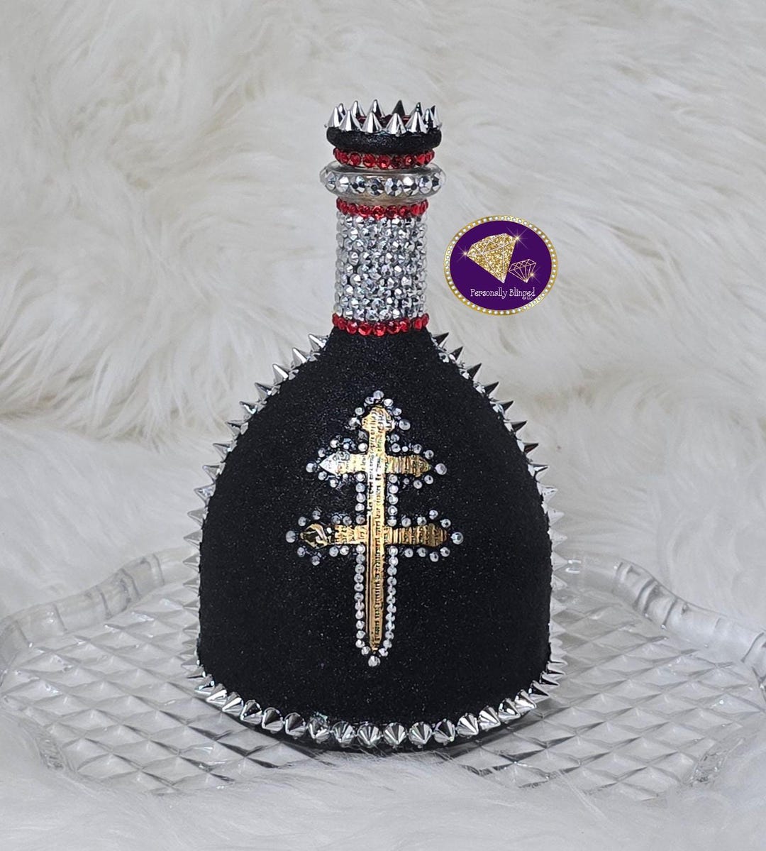 Custom Blinged Black, Silver, Red 750ml Bottle With Studs Spikes 