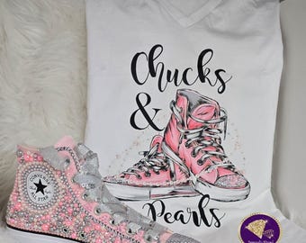 Chuckie--Authentic Custom Blinged Chucks--Chucks and Pearls Set With Matching Embellished Tee (Tee Purchased Separately)