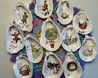 The Twelve Days of Christmas / decoupage Oyster  shell Christmas ornaments / small set