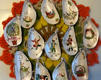 12 days of Christmas ornaments/ set of 12 / mussel shell / decoupage