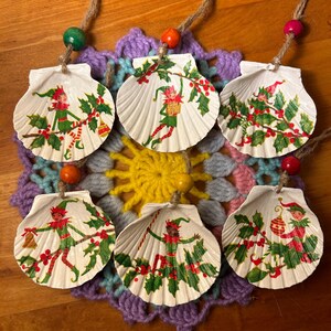 Set of 6 Scallop shell decoupaged ornaments / Elves / elf / Christmas