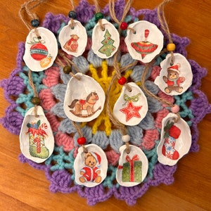 Set of 11 oyster shell Christmas ornaments / decoupage