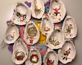 The Twelve Days of Christmas / decoupage Oyster  shell Christmas ornaments / small set