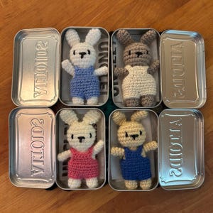 Gehaakt konijntje, klein konijntje in Altoid-blik, konijntje in jumpsuit, zakkonijntje in blikken doos, amiguramikonijnen