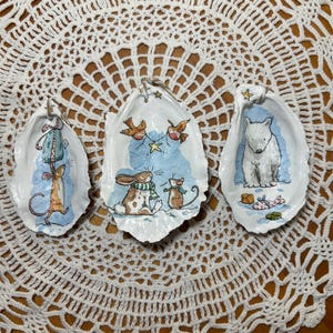 Set di 3 decorazioni natalizie a forma di conchiglia d'ostrica / decoupage