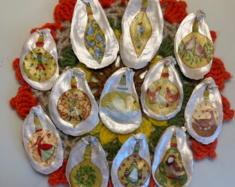 12 Days of Christmas / oyster shell ornaments / set of 12 / decoupaged ornaments