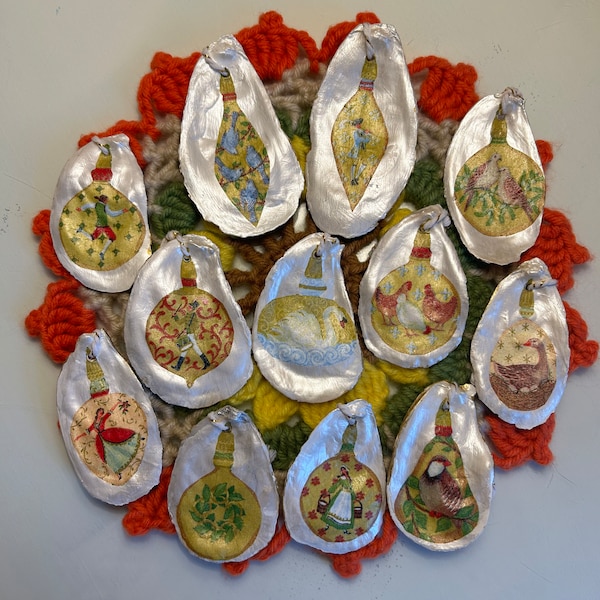 12 Days of Christmas / oyster shell ornaments / set of 12 / decoupaged ornaments
