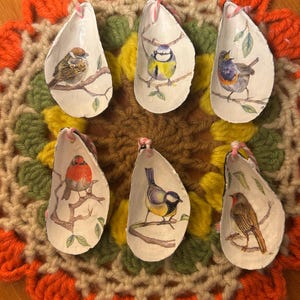 Set of 6 mussel shell ornaments / birds / decoupage