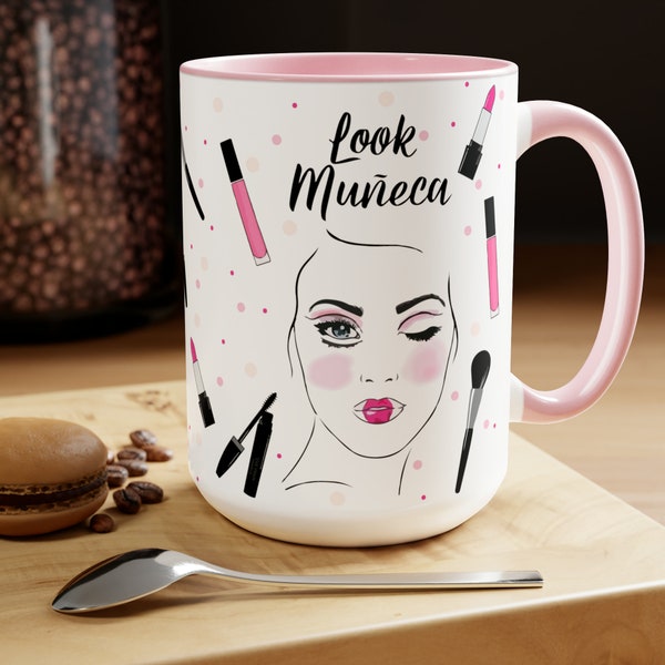 Mary Kay Look Muneca Mug Two-Tone Coffee Mugs, 15oz, Large Coffee Mug, Tumbler, Coffee Lover, Amigo Gift, Latte and Lipstick Español