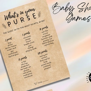 What&#39;s In Your Purse, Purse Game, Editable Baby Shower Game, Printable Instant Download, Virtual Baby Game, Shower Game