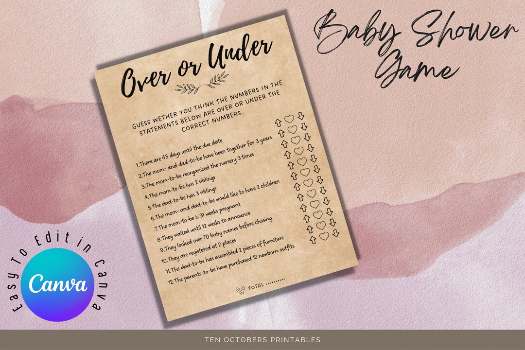 Over or Under Baby Shower Game, Shower Game, Instant Download, Editable ...