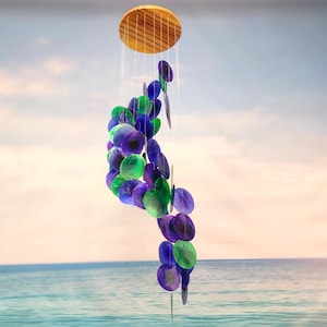 Purple Green Spiral Capiz Shell WInd Chime (1 Chime approx. 23 x 5 inches) Green Purple Capiz Wind Chime brings beachside charm to any home!