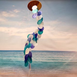 Spiral Blue Turquoise White Capiz Wind Chime (1 chime approx. 26 x 5.5 inches) Colorful Spiral Capiz Shell Chime for coastal home decor!