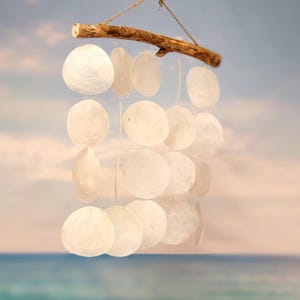 White Capiz Shell Flat Wind Chime (1 chime approx. 14 x 12 inches) Natural White Round Cut Capiz Shell Wind Chime for coastal home décor!