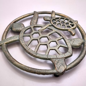 Sea Turtle Trivet Cast Iron Green Gold Weathered Hot Pad (1 trivet approx. 7 inches) Green Sea Turtle Pair Trivet for coastal dining table!