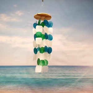 Aqua White Green Capiz Wind Chime (1 chime approx. 18 x 5.5 inches) Circle Square White Aqua Capiz Wind Chime for coastal home decoration!